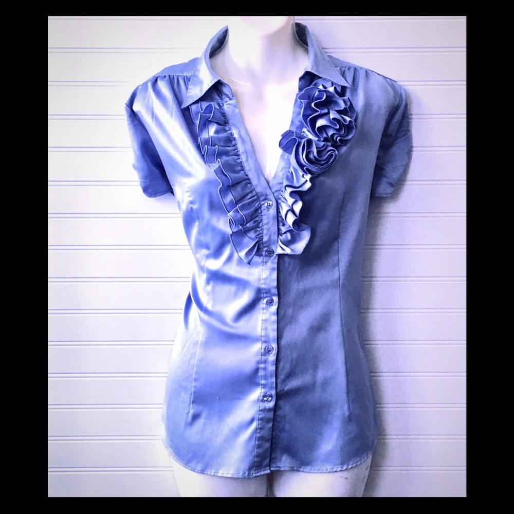 New York & Company Blue Short Sleeve Shirt Size L